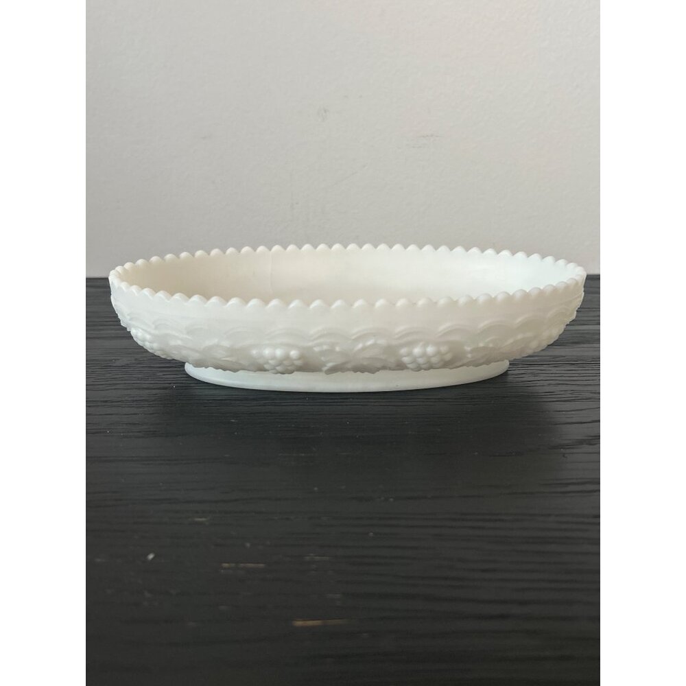 VTG Indiana Glass Satin Milk Glass Oval Serving Dish Grape Cluster & Leaf Motif
